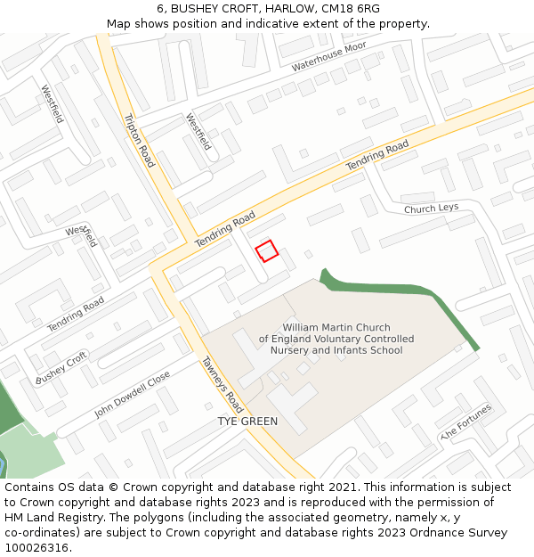 6, BUSHEY CROFT, HARLOW, CM18 6RG: Location map and indicative extent of plot