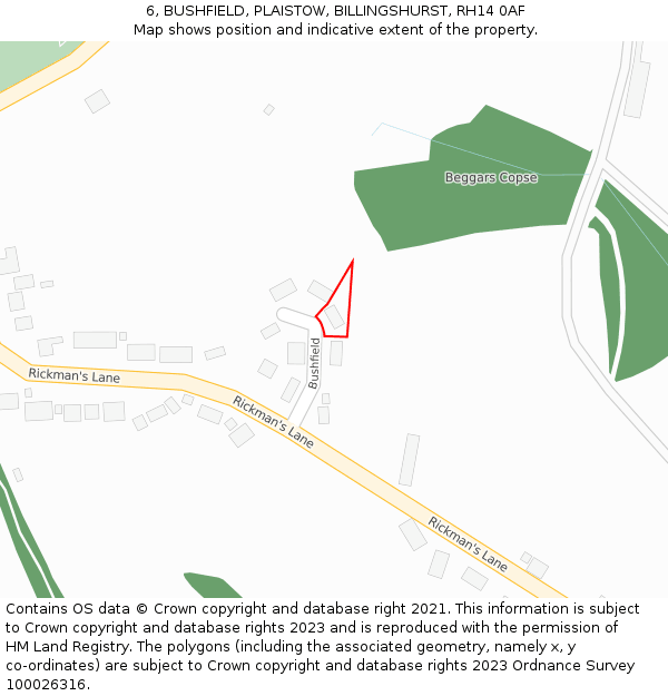 6, BUSHFIELD, PLAISTOW, BILLINGSHURST, RH14 0AF: Location map and indicative extent of plot