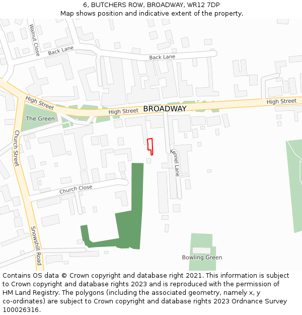 6, BUTCHERS ROW, BROADWAY, WR12 7DP: Location map and indicative extent of plot