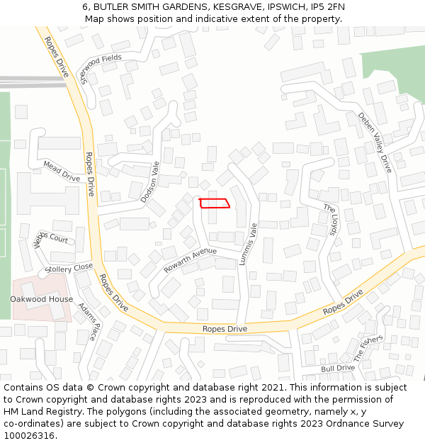 6, BUTLER SMITH GARDENS, KESGRAVE, IPSWICH, IP5 2FN: Location map and indicative extent of plot