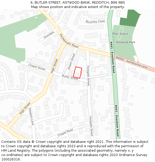 6, BUTLER STREET, ASTWOOD BANK, REDDITCH, B96 6BS: Location map and indicative extent of plot