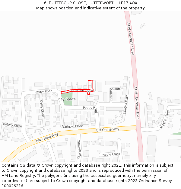 6, BUTTERCUP CLOSE, LUTTERWORTH, LE17 4QX: Location map and indicative extent of plot