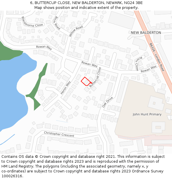 6, BUTTERCUP CLOSE, NEW BALDERTON, NEWARK, NG24 3BE: Location map and indicative extent of plot