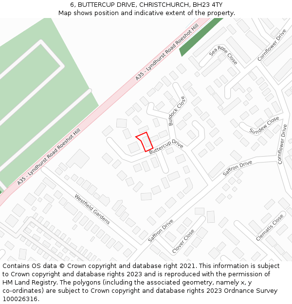 6, BUTTERCUP DRIVE, CHRISTCHURCH, BH23 4TY: Location map and indicative extent of plot