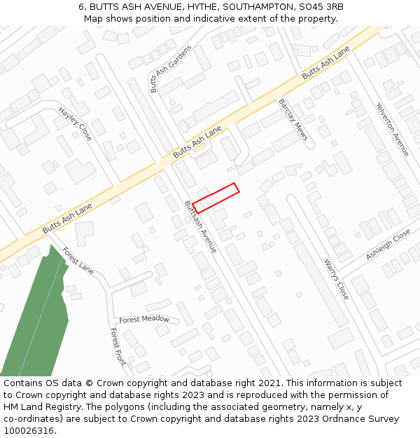 6, BUTTS ASH AVENUE, HYTHE, SOUTHAMPTON, SO45 3RB: Location map and indicative extent of plot