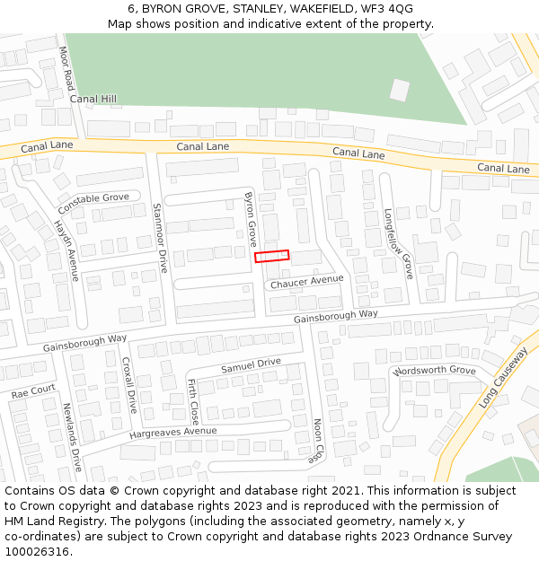 6, BYRON GROVE, STANLEY, WAKEFIELD, WF3 4QG: Location map and indicative extent of plot