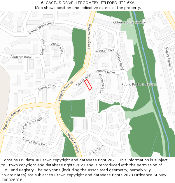 6, CACTUS DRIVE, LEEGOMERY, TELFORD, TF1 6XA: Location map and indicative extent of plot