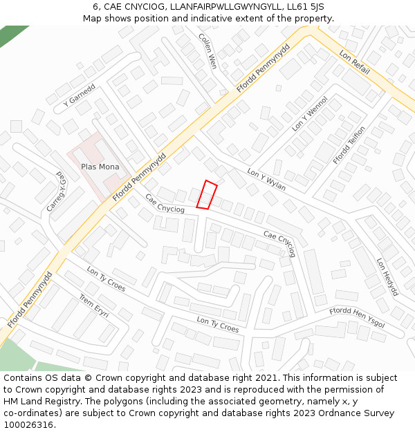 6, CAE CNYCIOG, LLANFAIRPWLLGWYNGYLL, LL61 5JS: Location map and indicative extent of plot