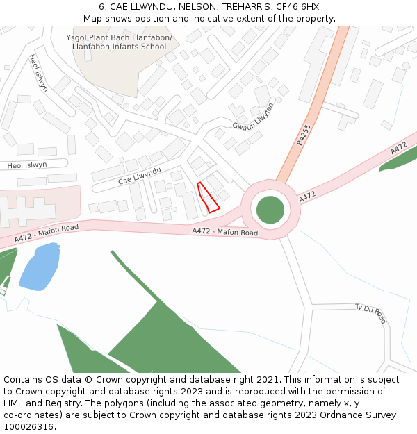 6, CAE LLWYNDU, NELSON, TREHARRIS, CF46 6HX: Location map and indicative extent of plot