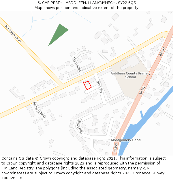 6, CAE PERTHI, ARDDLEEN, LLANYMYNECH, SY22 6QS: Location map and indicative extent of plot