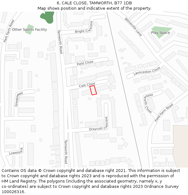 6, CALE CLOSE, TAMWORTH, B77 1DB: Location map and indicative extent of plot