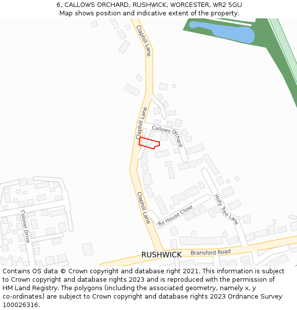 6, CALLOWS ORCHARD, RUSHWICK, WORCESTER, WR2 5GU: Location map and indicative extent of plot