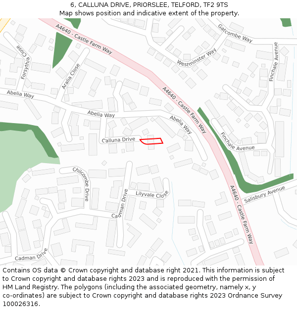 6, CALLUNA DRIVE, PRIORSLEE, TELFORD, TF2 9TS: Location map and indicative extent of plot