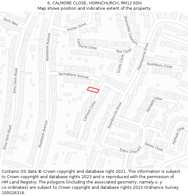 6, CALMORE CLOSE, HORNCHURCH, RM12 6SN: Location map and indicative extent of plot