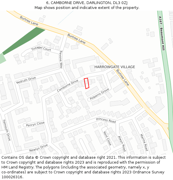 6, CAMBORNE DRIVE, DARLINGTON, DL3 0ZJ: Location map and indicative extent of plot