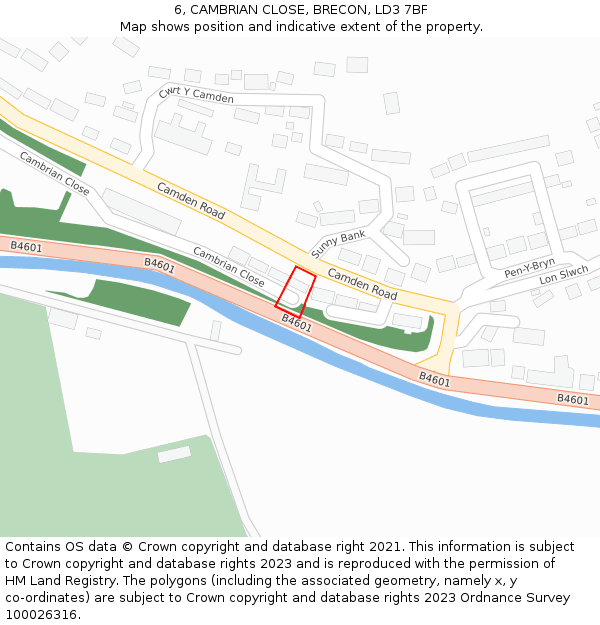 6, CAMBRIAN CLOSE, BRECON, LD3 7BF: Location map and indicative extent of plot