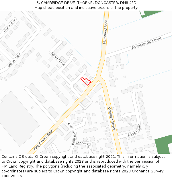 6, CAMBRIDGE DRIVE, THORNE, DONCASTER, DN8 4FD: Location map and indicative extent of plot