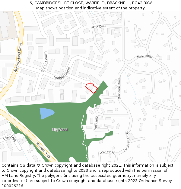 6, CAMBRIDGESHIRE CLOSE, WARFIELD, BRACKNELL, RG42 3XW: Location map and indicative extent of plot