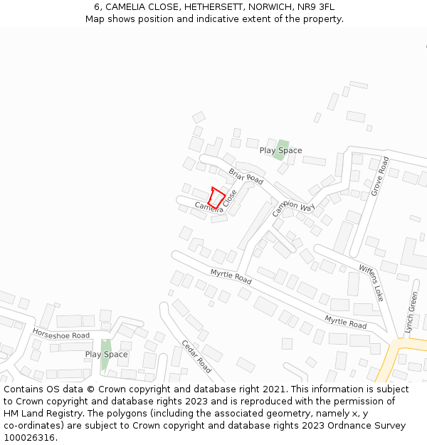 6, CAMELIA CLOSE, HETHERSETT, NORWICH, NR9 3FL: Location map and indicative extent of plot