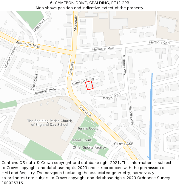 6, CAMERON DRIVE, SPALDING, PE11 2PR: Location map and indicative extent of plot