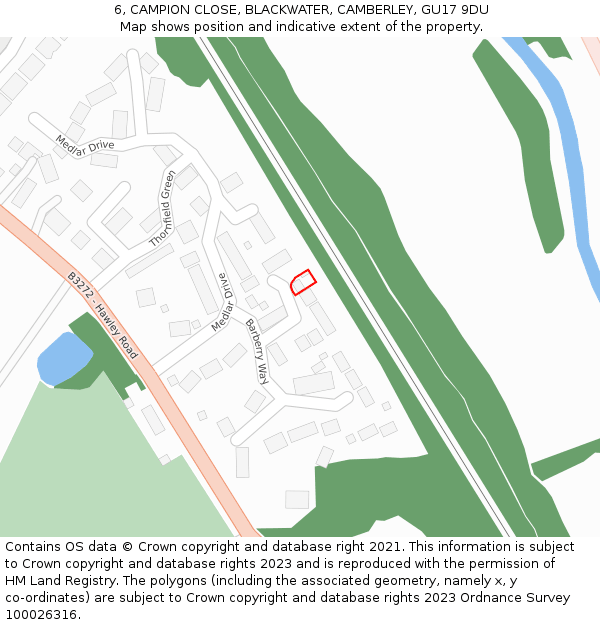 6, CAMPION CLOSE, BLACKWATER, CAMBERLEY, GU17 9DU: Location map and indicative extent of plot