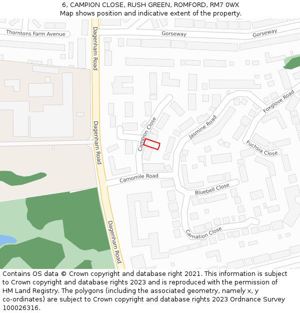 6, CAMPION CLOSE, RUSH GREEN, ROMFORD, RM7 0WX: Location map and indicative extent of plot