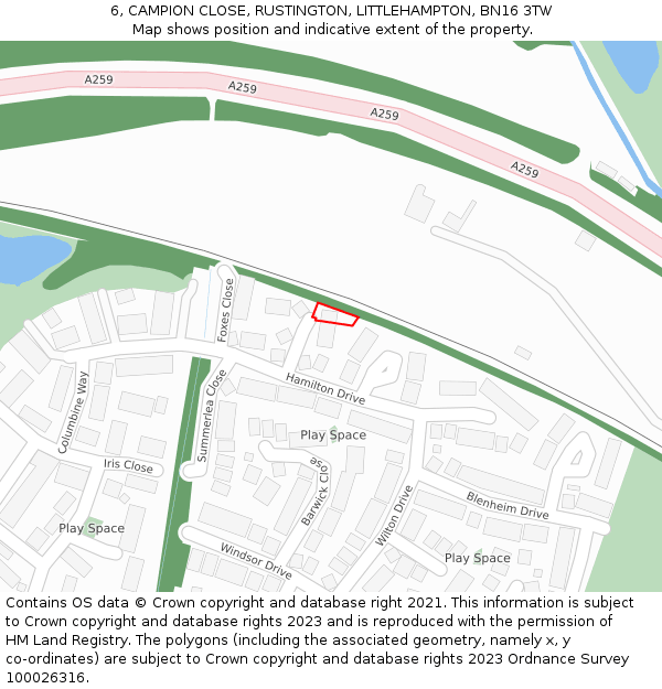 6, CAMPION CLOSE, RUSTINGTON, LITTLEHAMPTON, BN16 3TW: Location map and indicative extent of plot