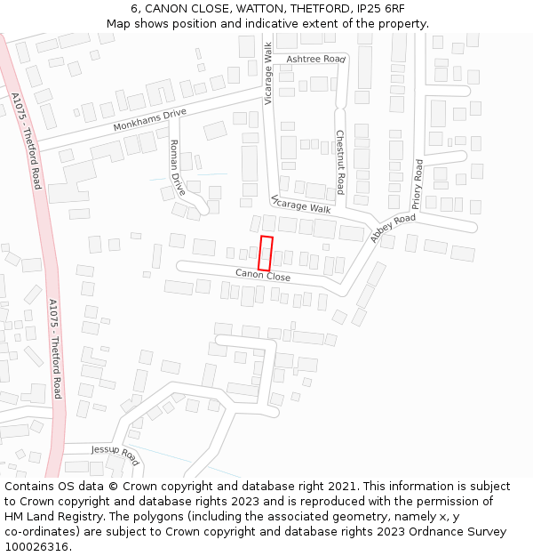 6, CANON CLOSE, WATTON, THETFORD, IP25 6RF: Location map and indicative extent of plot