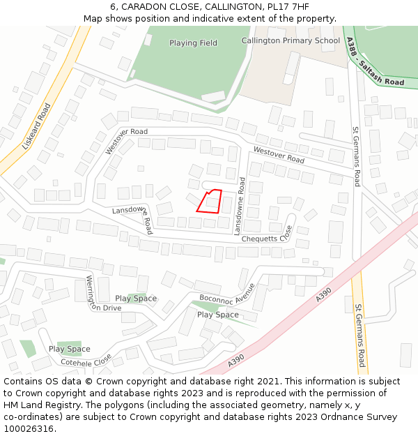 6, CARADON CLOSE, CALLINGTON, PL17 7HF: Location map and indicative extent of plot