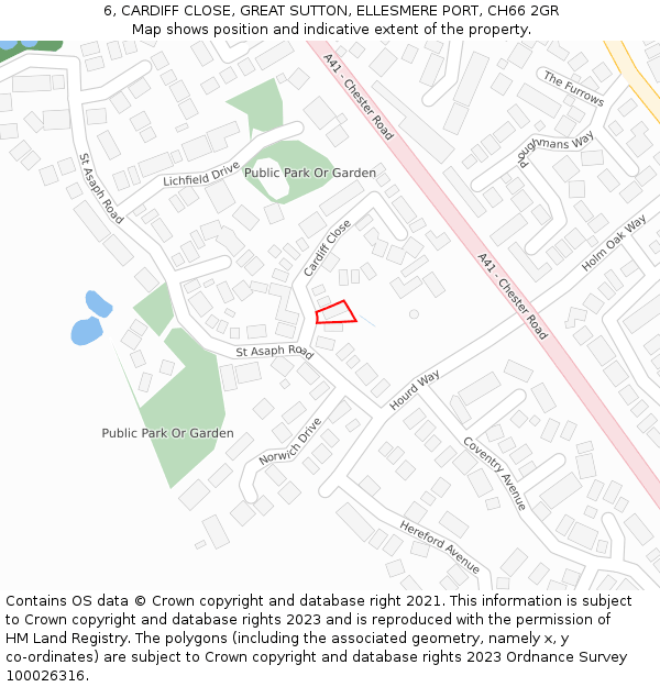 6, CARDIFF CLOSE, GREAT SUTTON, ELLESMERE PORT, CH66 2GR: Location map and indicative extent of plot