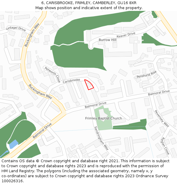 6, CARISBROOKE, FRIMLEY, CAMBERLEY, GU16 8XR: Location map and indicative extent of plot