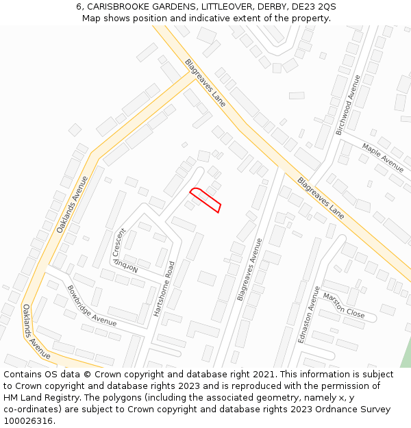 6, CARISBROOKE GARDENS, LITTLEOVER, DERBY, DE23 2QS: Location map and indicative extent of plot