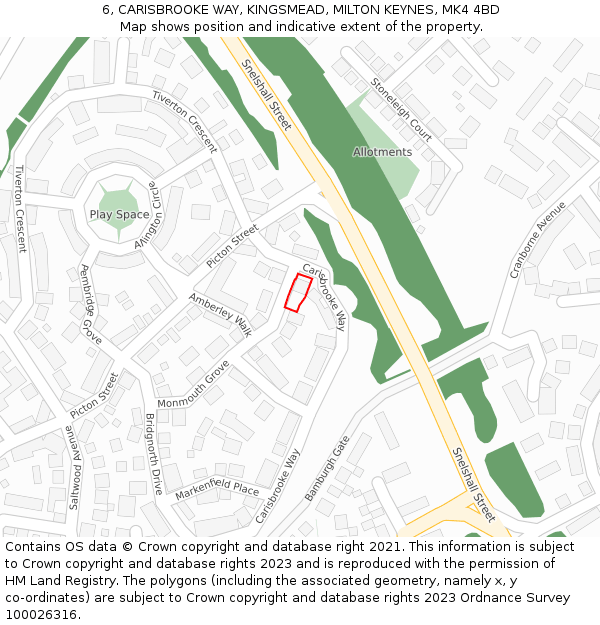 6, CARISBROOKE WAY, KINGSMEAD, MILTON KEYNES, MK4 4BD: Location map and indicative extent of plot