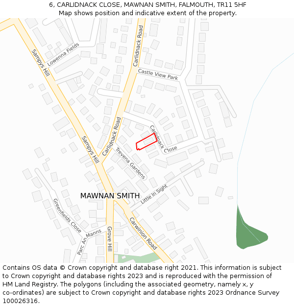 6, CARLIDNACK CLOSE, MAWNAN SMITH, FALMOUTH, TR11 5HF: Location map and indicative extent of plot