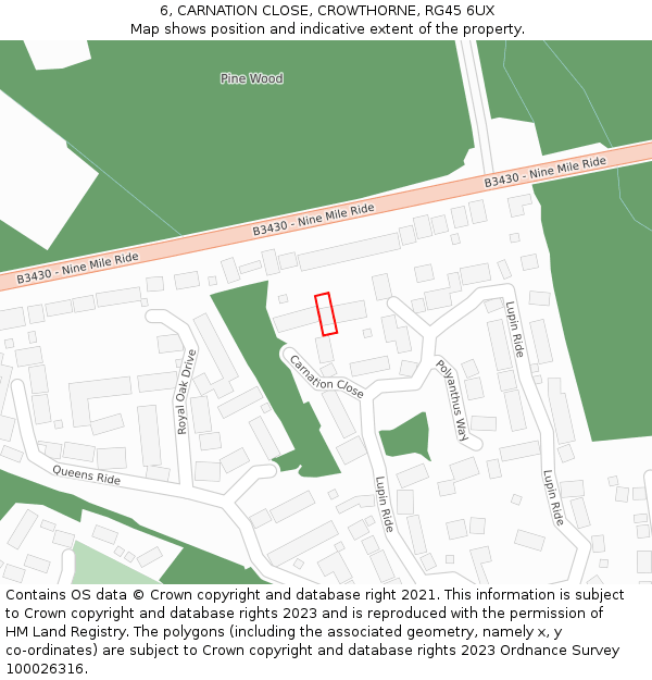 6, CARNATION CLOSE, CROWTHORNE, RG45 6UX: Location map and indicative extent of plot