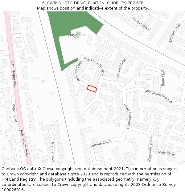 6, CARNOUSTIE DRIVE, EUXTON, CHORLEY, PR7 6FR: Location map and indicative extent of plot