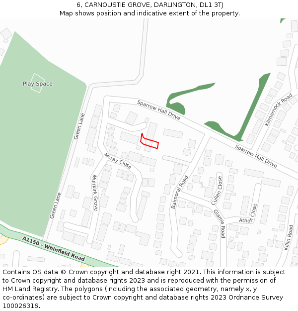 6, CARNOUSTIE GROVE, DARLINGTON, DL1 3TJ: Location map and indicative extent of plot