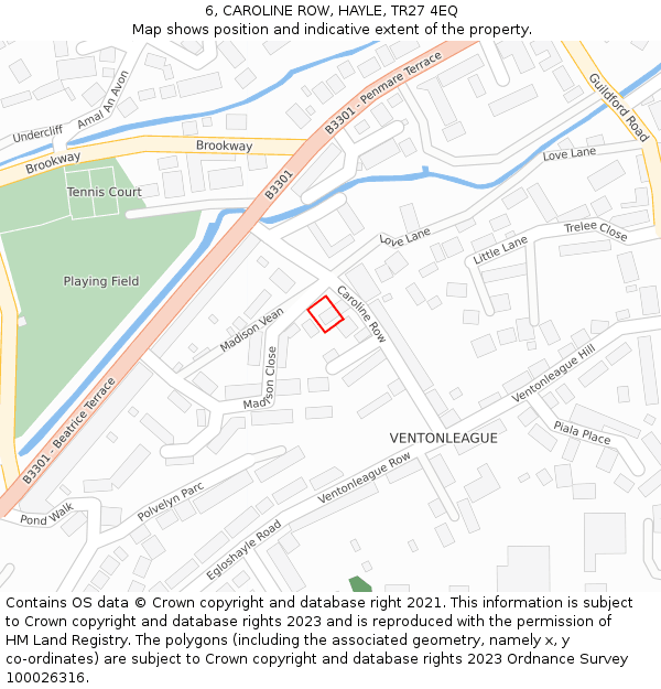 6, CAROLINE ROW, HAYLE, TR27 4EQ: Location map and indicative extent of plot