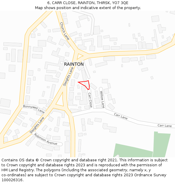 6, CARR CLOSE, RAINTON, THIRSK, YO7 3QE: Location map and indicative extent of plot