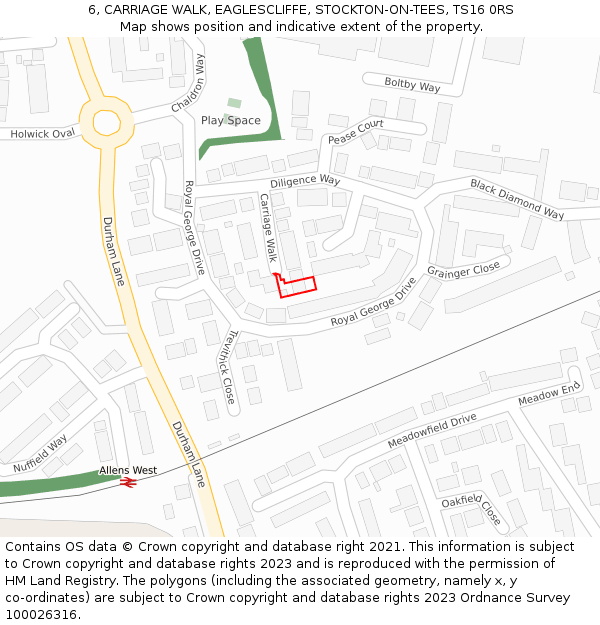 6, CARRIAGE WALK, EAGLESCLIFFE, STOCKTON-ON-TEES, TS16 0RS: Location map and indicative extent of plot