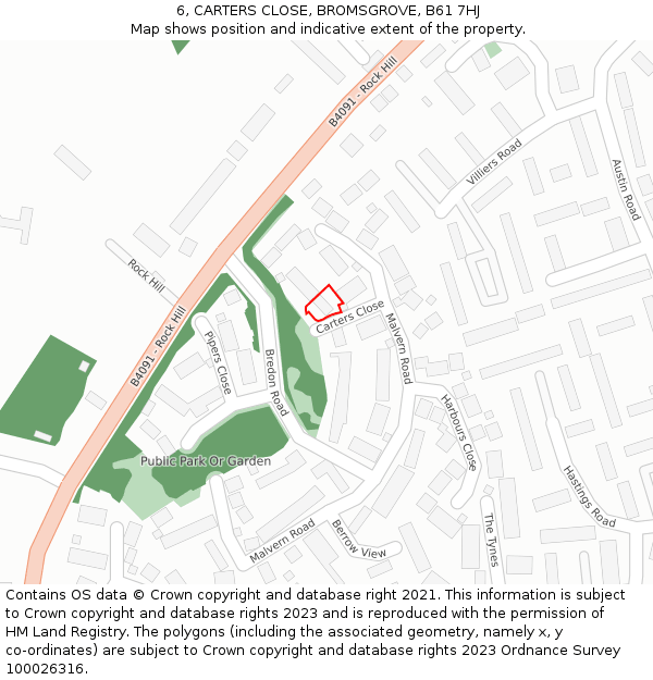 6, CARTERS CLOSE, BROMSGROVE, B61 7HJ: Location map and indicative extent of plot
