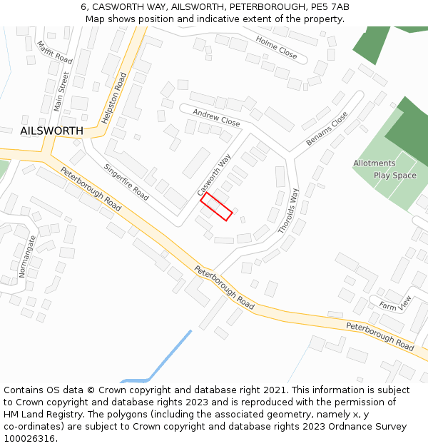 6, CASWORTH WAY, AILSWORTH, PETERBOROUGH, PE5 7AB: Location map and indicative extent of plot