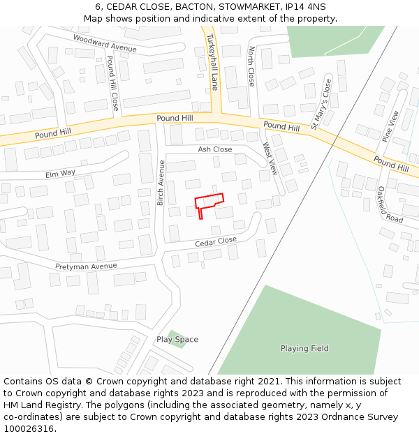 6, CEDAR CLOSE, BACTON, STOWMARKET, IP14 4NS: Location map and indicative extent of plot