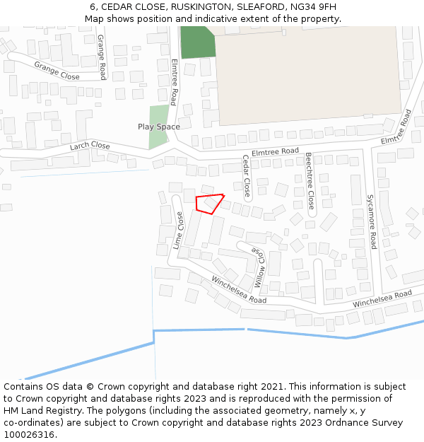 6, CEDAR CLOSE, RUSKINGTON, SLEAFORD, NG34 9FH: Location map and indicative extent of plot