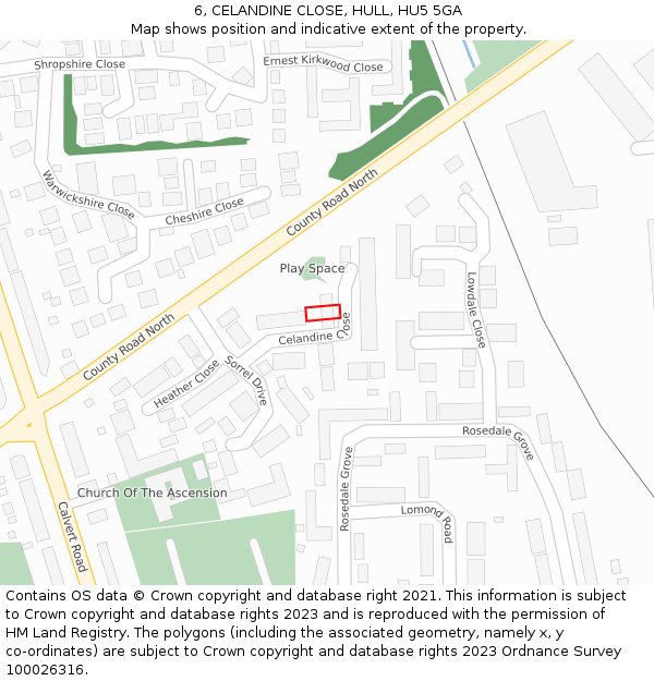 6, CELANDINE CLOSE, HULL, HU5 5GA: Location map and indicative extent of plot