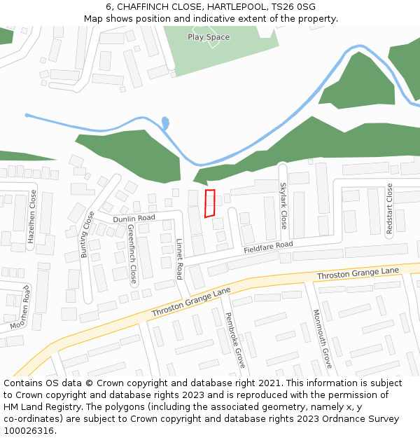 6, CHAFFINCH CLOSE, HARTLEPOOL, TS26 0SG: Location map and indicative extent of plot