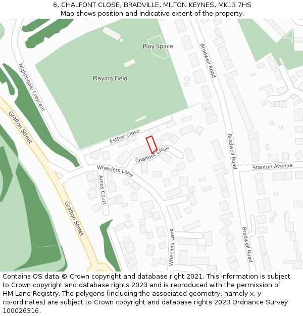 6, CHALFONT CLOSE, BRADVILLE, MILTON KEYNES, MK13 7HS: Location map and indicative extent of plot