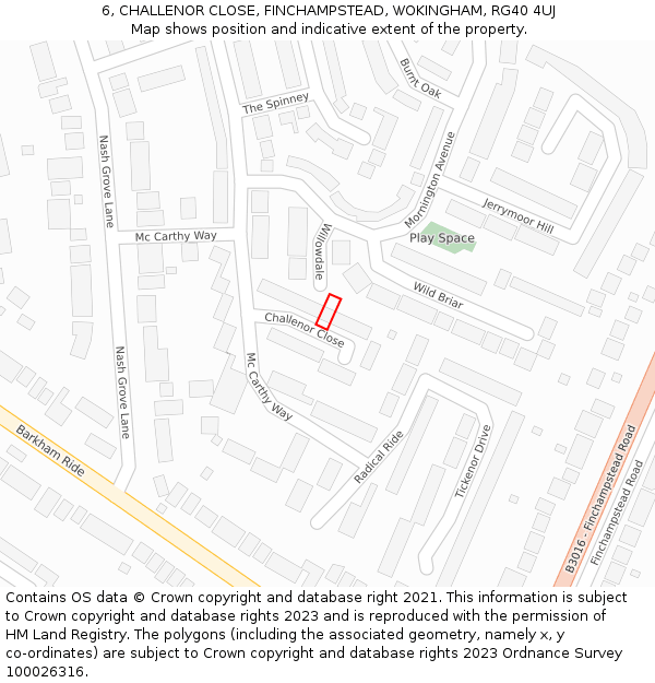 6, CHALLENOR CLOSE, FINCHAMPSTEAD, WOKINGHAM, RG40 4UJ: Location map and indicative extent of plot
