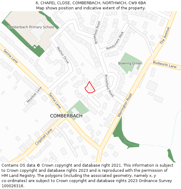 6, CHAPEL CLOSE, COMBERBACH, NORTHWICH, CW9 6BA: Location map and indicative extent of plot