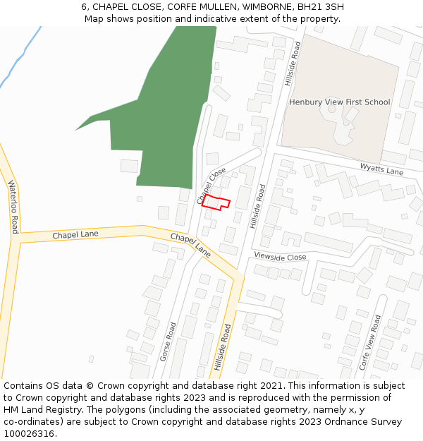 6, CHAPEL CLOSE, CORFE MULLEN, WIMBORNE, BH21 3SH: Location map and indicative extent of plot